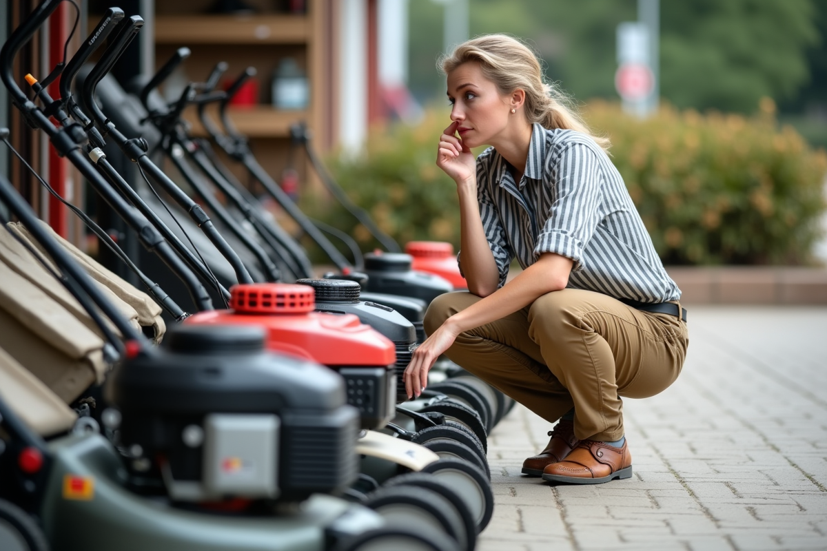 Femme examinant différentes tondeuses dans un magasin de jardinage