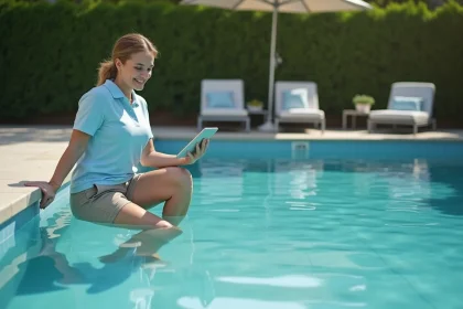 Femme en polo bleu et shorts au bord de la piscine