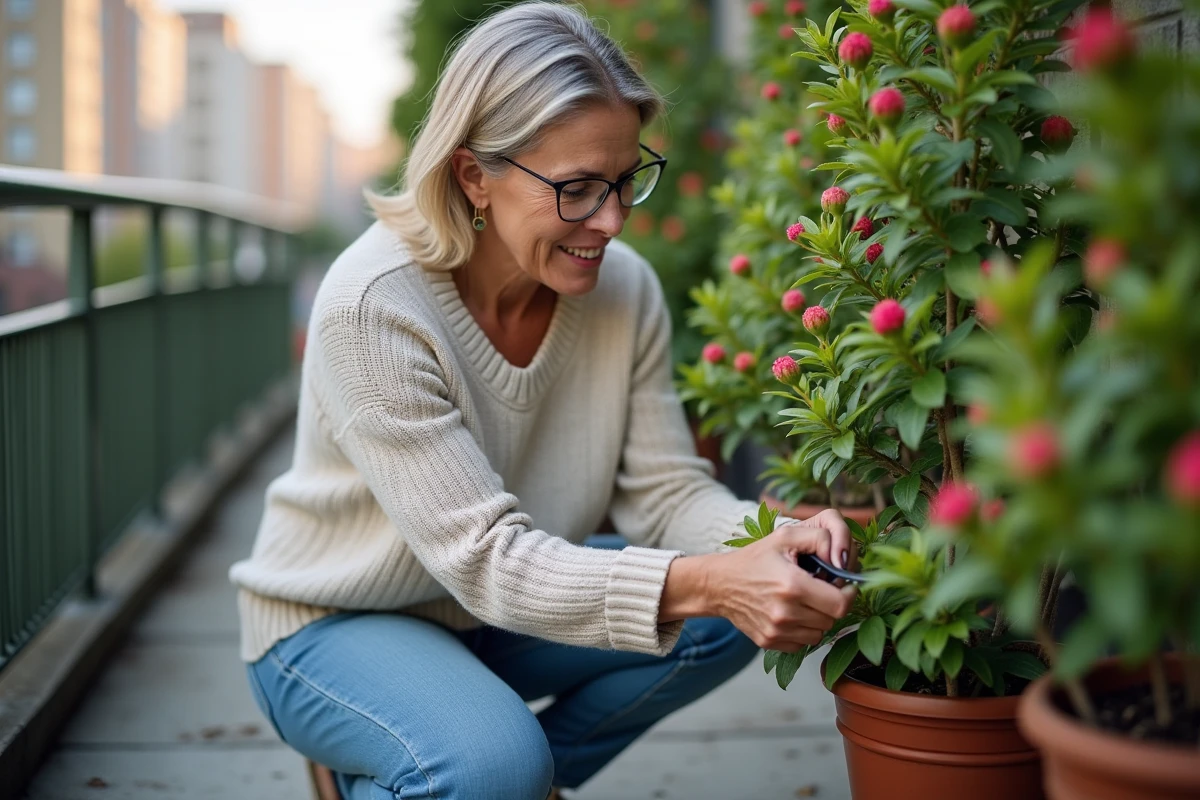 Femme taillant un crape myrtle sur un balcon urbain