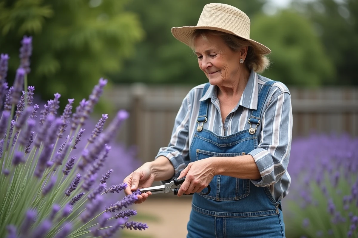 Femme en salopette taillant la lavande dans un jardin rustique