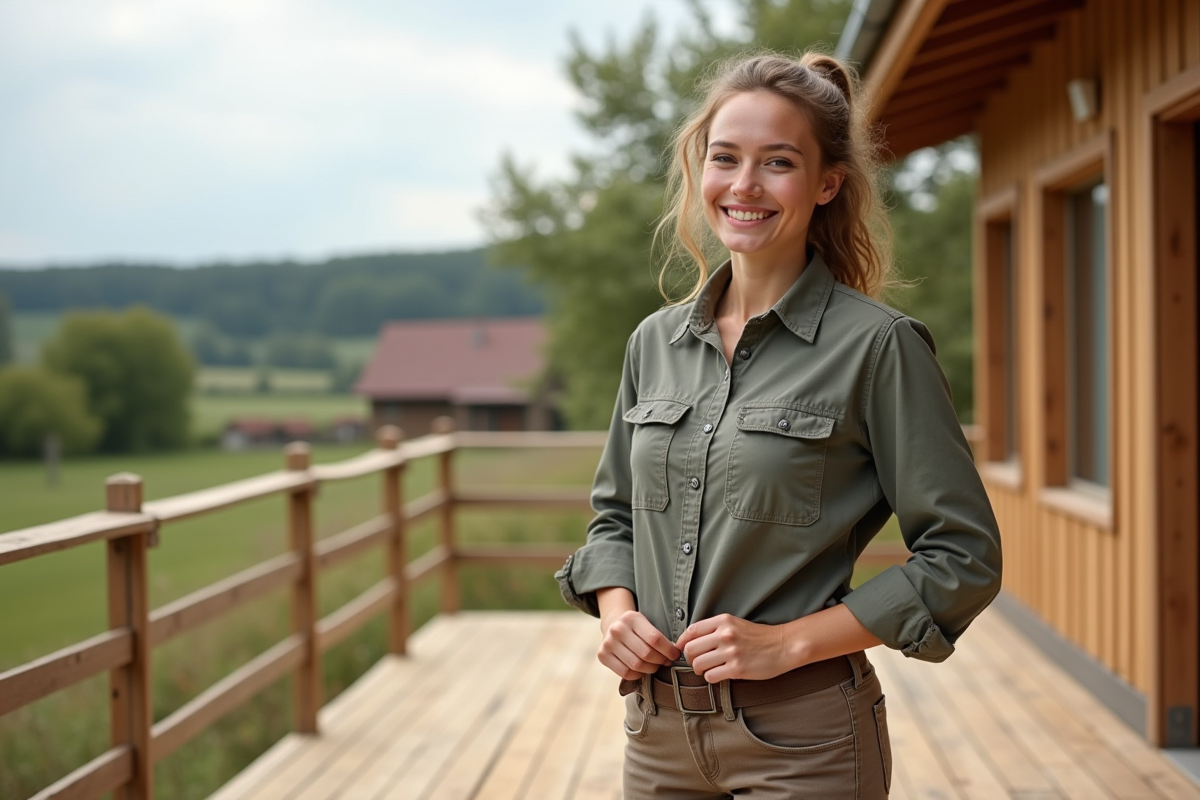 Jeune femme souriante sur une terrasse en bois neuve