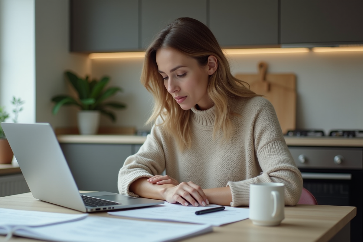 Femme à la cuisine examinant des documents