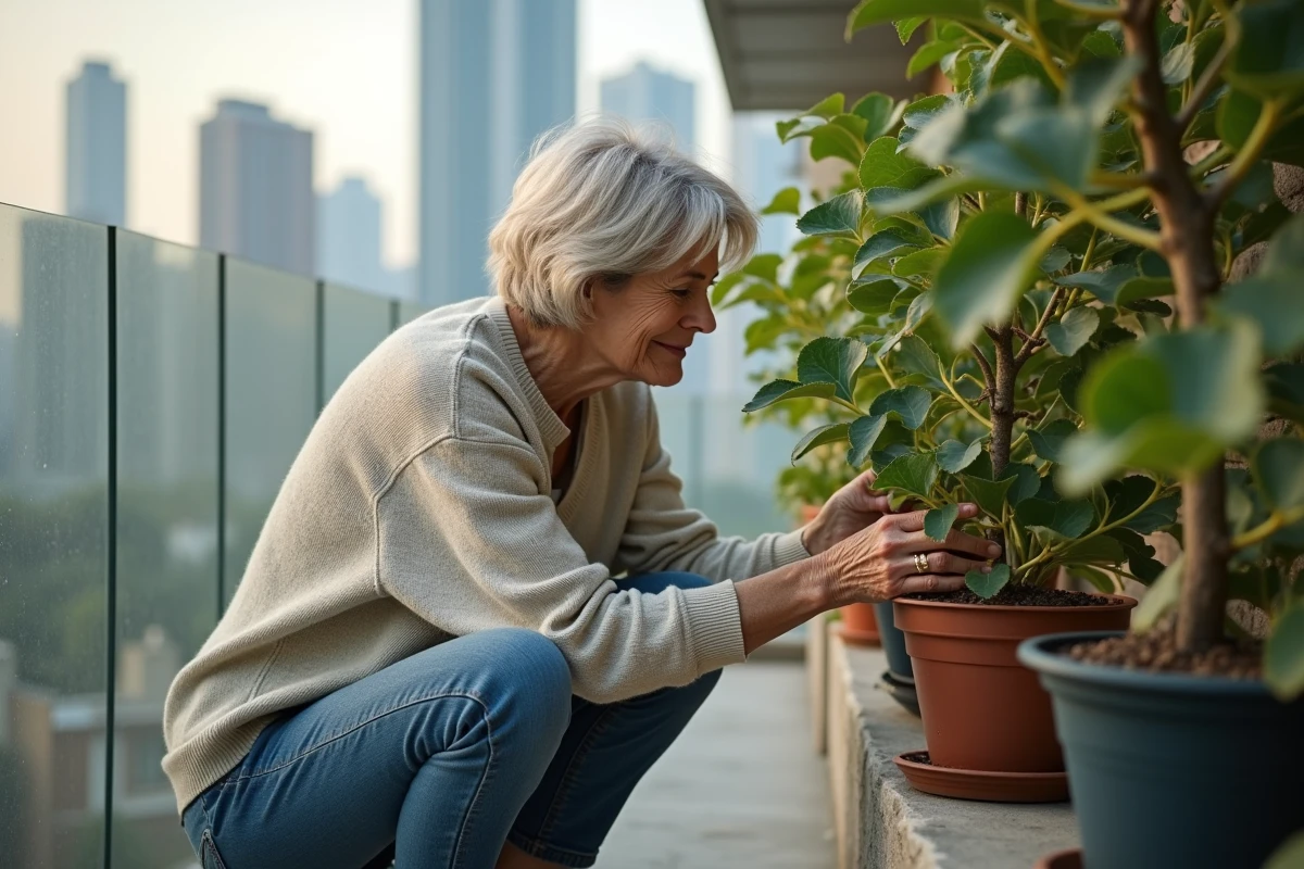 Femme inspectant un figuier en pot sur un balcon urbain