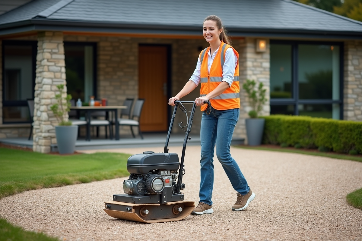 Jeune femme guidant un compacteur sur une allée en gravier