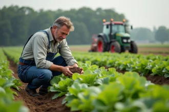 Fermeur en denim inspectant le sol dans un champ