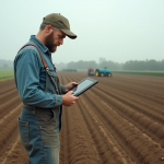 Météo agricole : quelles sont les prévisions les plus fiables pour les agriculteurs ? Fermeur en champs laboures avec tablette pour la meteo