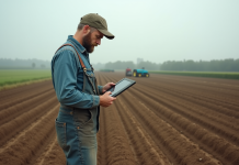 Météo agricole : quelles sont les prévisions les plus fiables pour les agriculteurs ? Fermeur en champs laboures avec tablette pour la meteo