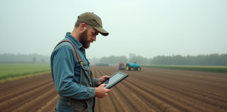 Météo agricole : quelles sont les prévisions les plus fiables pour les agriculteurs ? Fermeur en champs laboures avec tablette pour la meteo
