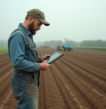 Fermeur en champs laboures avec tablette pour la meteo