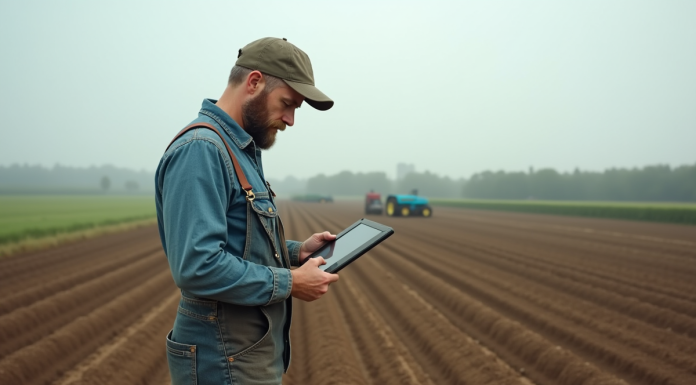 Météo agricole : quelles sont les prévisions les plus fiables pour les agriculteurs ? Fermeur en champs laboures avec tablette pour la meteo