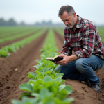 Fermeur en champs examinant les rangs de cultures