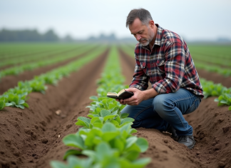 Fermeur en champs examinant les rangs de cultures