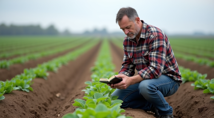 Fermeur en champs examinant les rangs de cultures