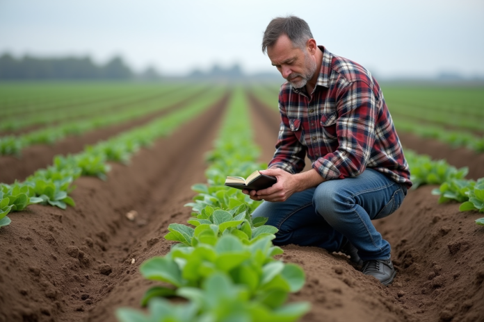 Fermeur en champs examinant les rangs de cultures