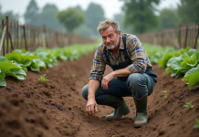 Fermeur en tenue de travail dans un champ de légumes avec sol et rangs