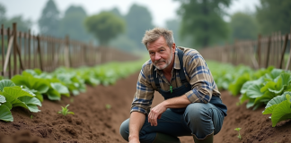 Engrais organiques : les problèmes liés à leur utilisation en agriculture écologique Fermeur en tenue de travail dans un champ de légumes avec sol et rangs