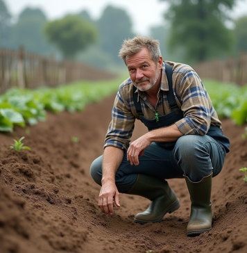 Engrais organiques : les problèmes liés à leur utilisation en agriculture écologique Fermeur en tenue de travail dans un champ de légumes avec sol et rangs