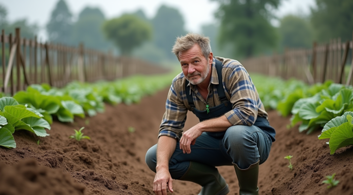 Engrais organiques : les problèmes liés à leur utilisation en agriculture écologique Fermeur en tenue de travail dans un champ de légumes avec sol et rangs