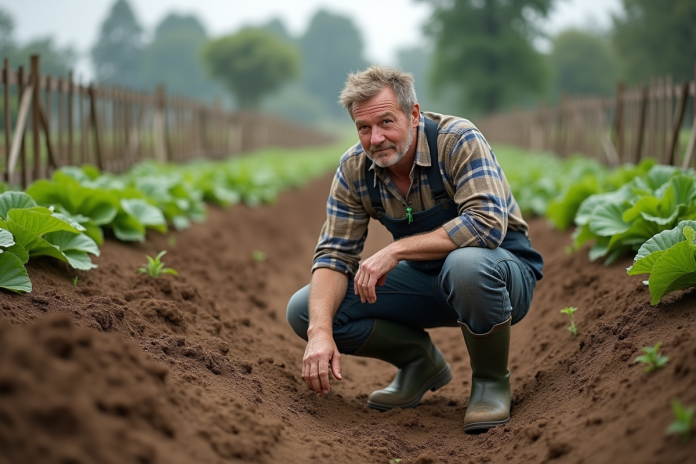 Fermeur en tenue de travail dans un champ de légumes avec sol et rangs