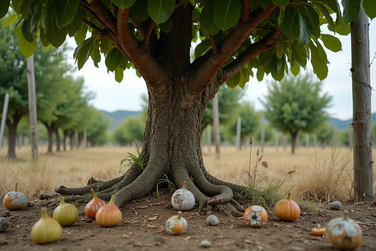 Figuier négligé dans un verger avec fruits pourris tombés au sol et branches atteintes par la maladie