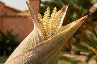 Gros plan sur une fleur de palmier dattier avec ses panicules jaunes libérant du pollen dans un jardin méditerranéen