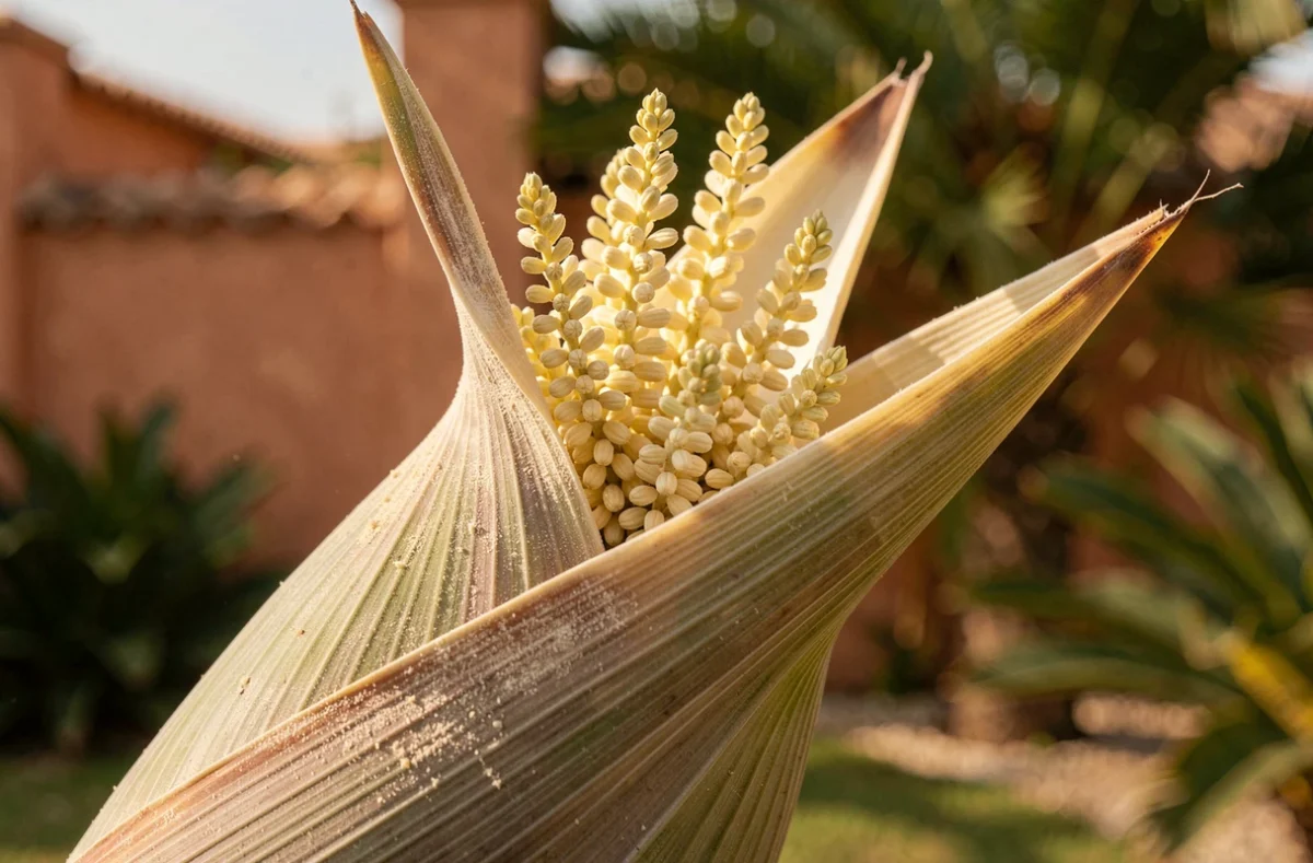 Gros plan sur une fleur de palmier dattier avec ses panicules jaunes libérant du pollen dans un jardin méditerranéen