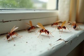 Fourmis ailées en gros plan sur un rebord de fenêtre en bois blanc à l'intérieur d'une maison