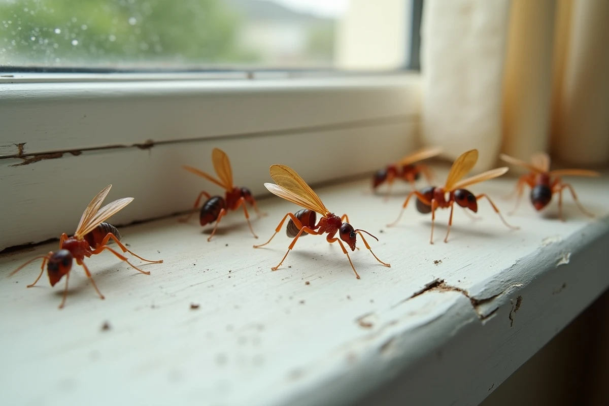 Fourmis ailées en gros plan sur un rebord de fenêtre en bois blanc à l'intérieur d'une maison