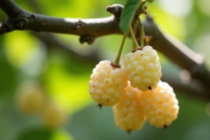 Grappes de fruits mûrs du mûrier platane accrochées à une branche, de couleur blanc rosé translucide avec détails de texture naturelle
