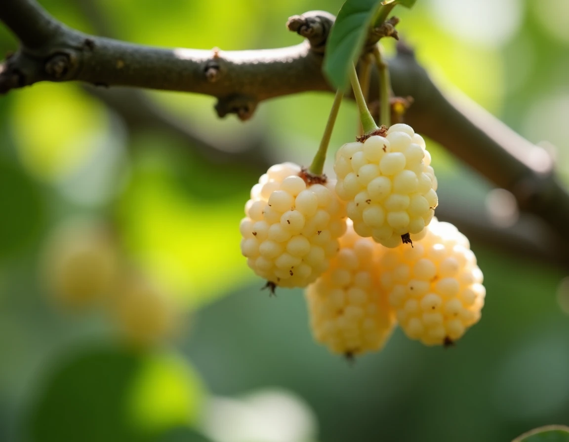 Grappes de fruits mûrs du mûrier platane accrochées à une branche, de couleur blanc rosé translucide avec détails de texture naturelle