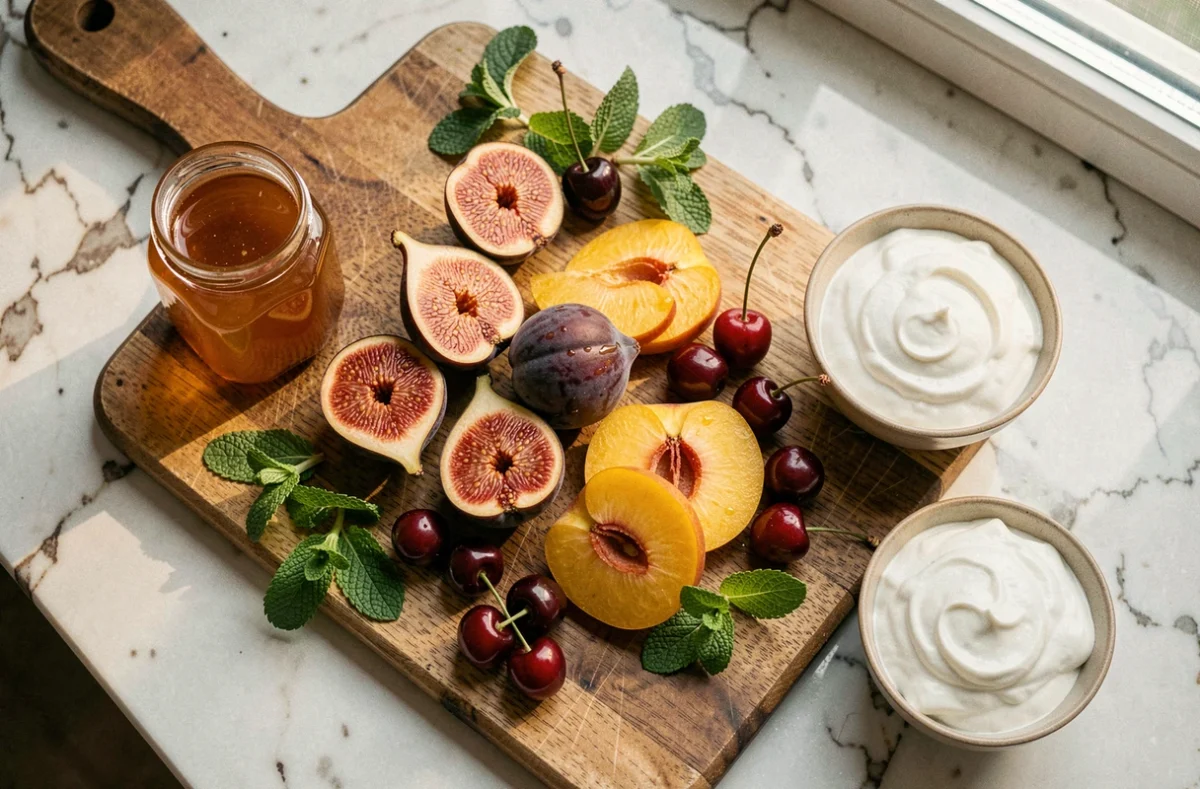 Vue de dessus d'une planche en bois avec figues, pêches et cerises de saison accompagnées de miel et yaourt grec sur marbre