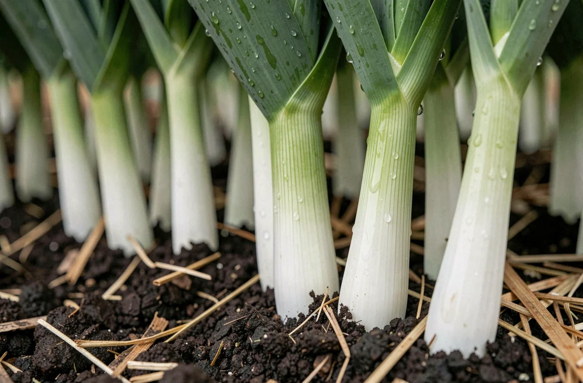 Gros plan sur des fûts de poireaux bien blancs avec de la terre humide et des gouttes d'eau après arrosage
