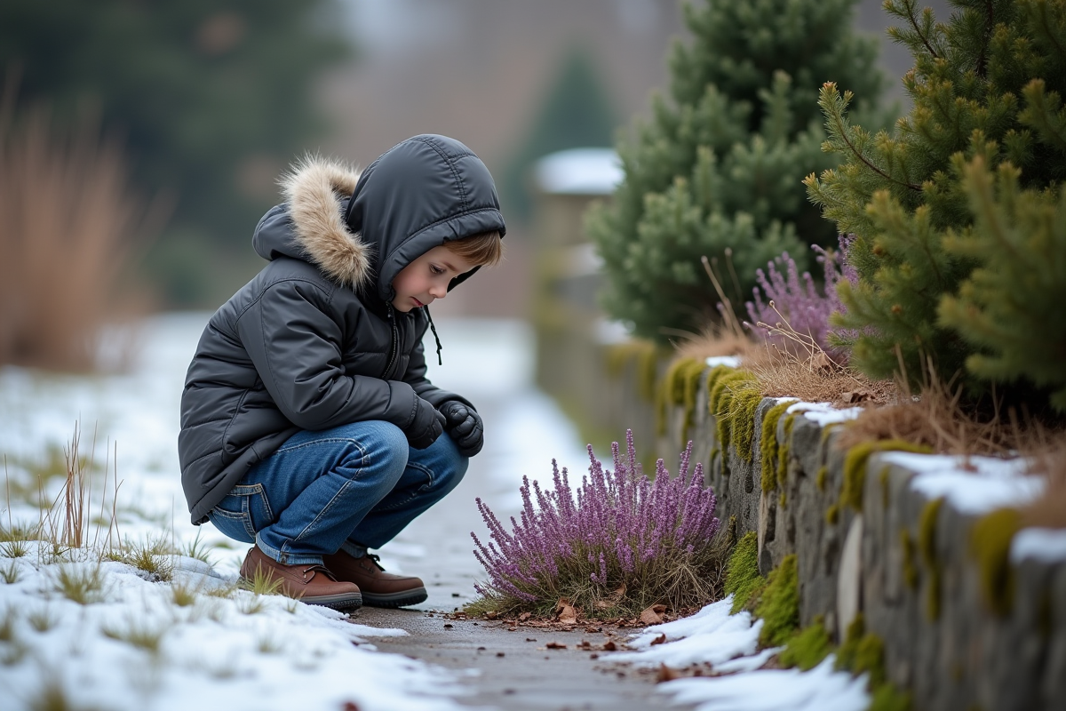 Jeune garçon observant la bruyère en hiver dans le jardin