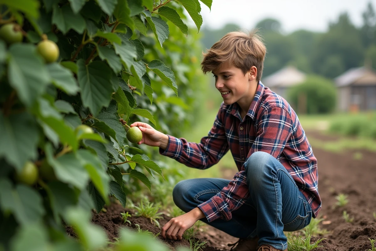 Garçon inspectant un figuier dans un jardin partagé