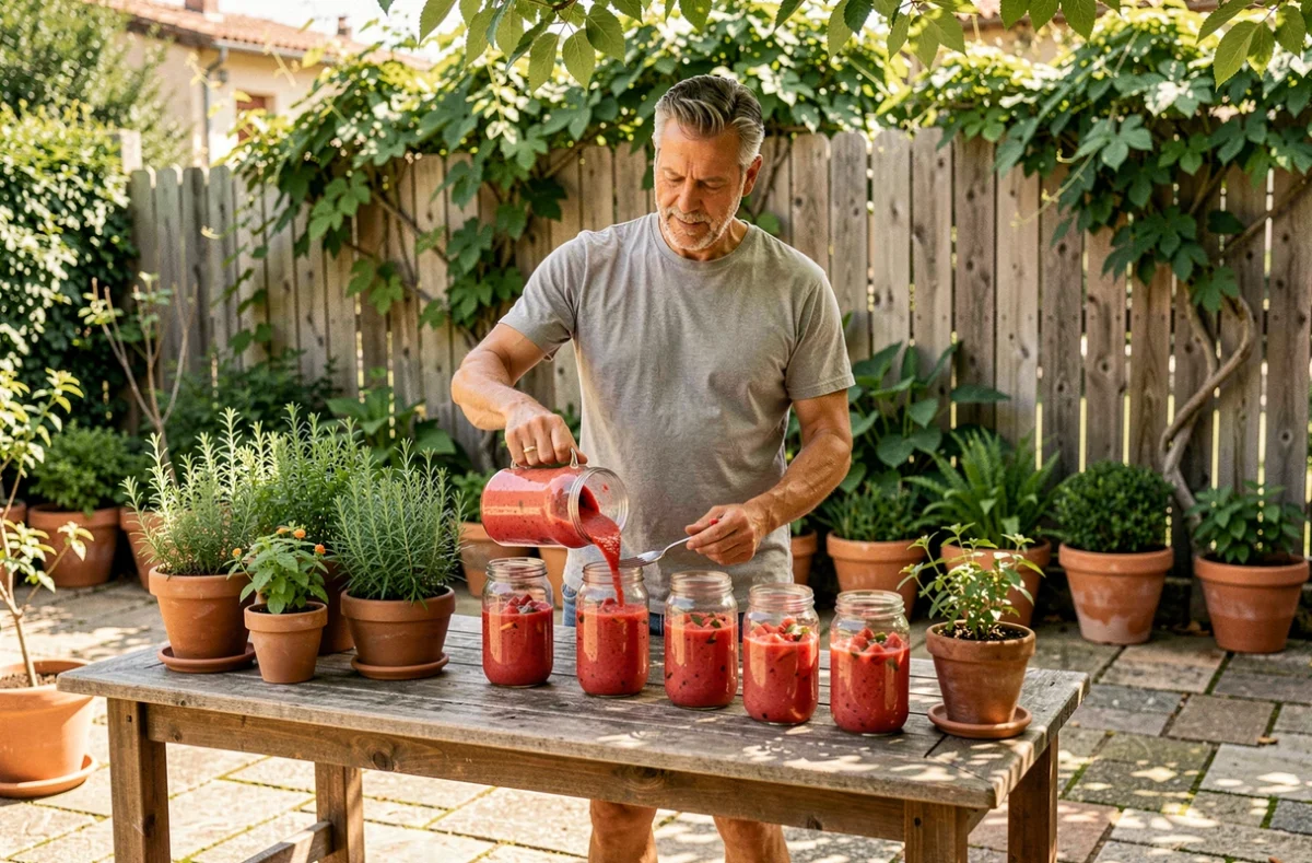 Homme préparant un gaspacho de fruits rouges et pastèque dans des bocaux en verre sur une terrasse de jardin en été