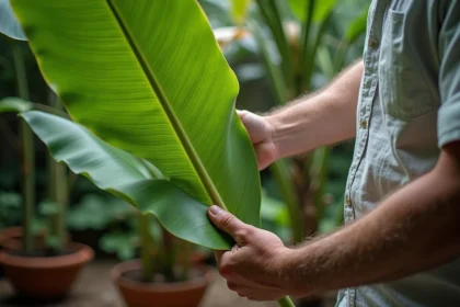 Homme inspectant une grande feuille de bananier en pleine terre dans un jardin tropical luxuriant
