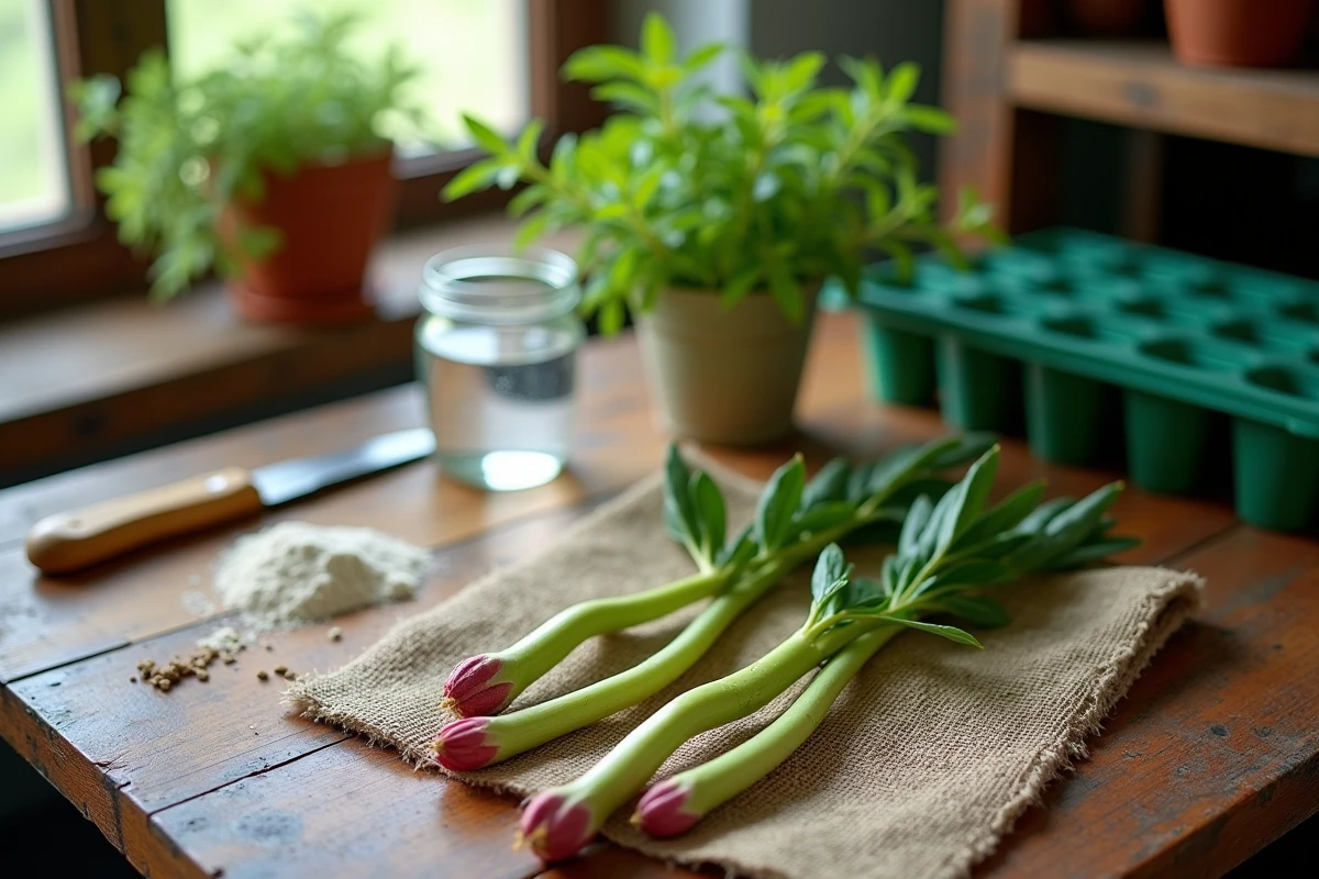 Gros plan sur des boutures de laurier rose fraîchement coupées avec couteau et poudre d'enracinement sur bois rustique