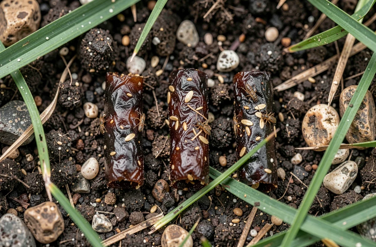 Gros plan sur des crottes de hérisson sur la terre d'un jardin avec fragments d'insectes visibles