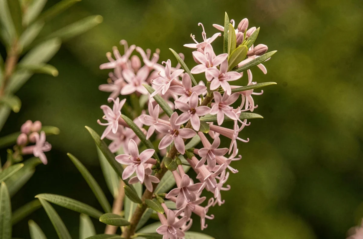 Gros plan sur les fleurs cireuses et les feuilles en aiguilles du Chamelaucium uncinatum en pleine floraison printanière