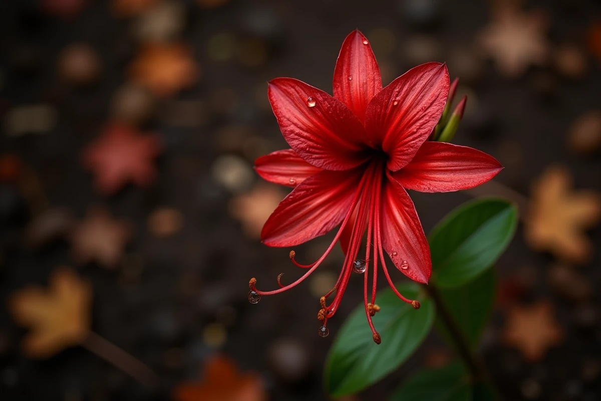 Gros plan botanique d'une fleur de Lycoris radiata écarlate sur fond de sol humide et feuilles mortes, soulignant son association symbolique avec la mort