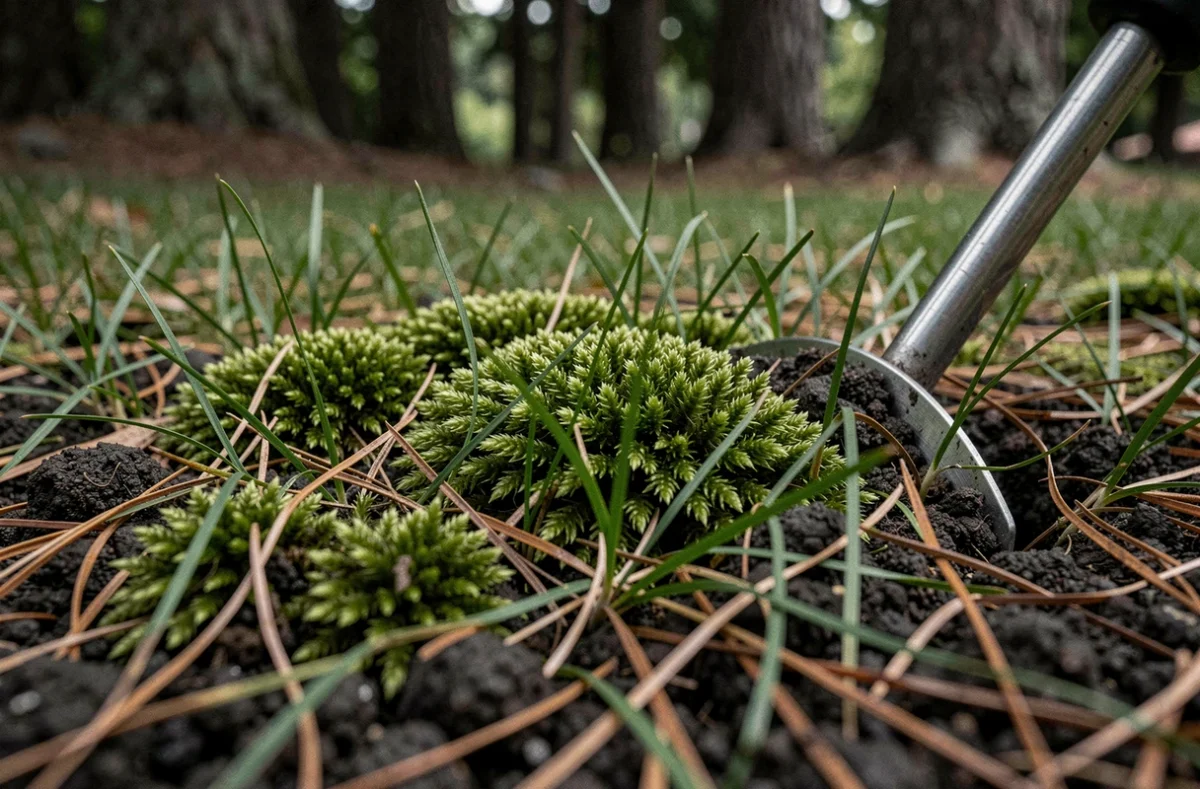 Gros plan sur une pelouse envahie de mousse dans un jardin ombragé avec un outil de scarification