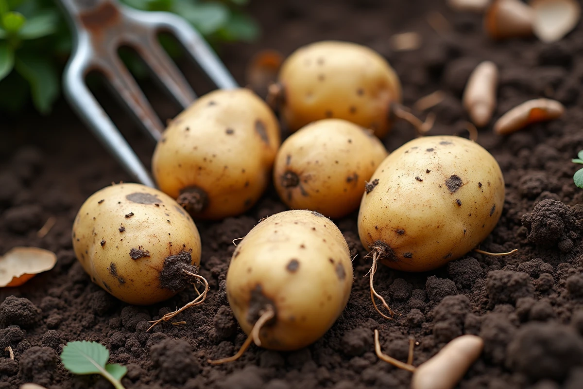 Gros plan de pommes de terre fraîchement déterrées sur sol meuble avec fourche de jardin, vue de dessus en potager d'automne