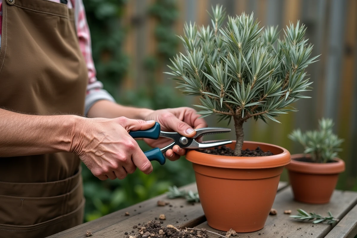 Gros plan sur des mains taillant les plateaux d'un olivier nuage en pot avec sécateur de jardin
