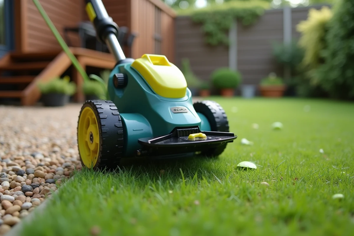 Gros plan sur la tête de coupe d'un rotofil sans fil posé sur une pelouse tondue dans un petit jardin