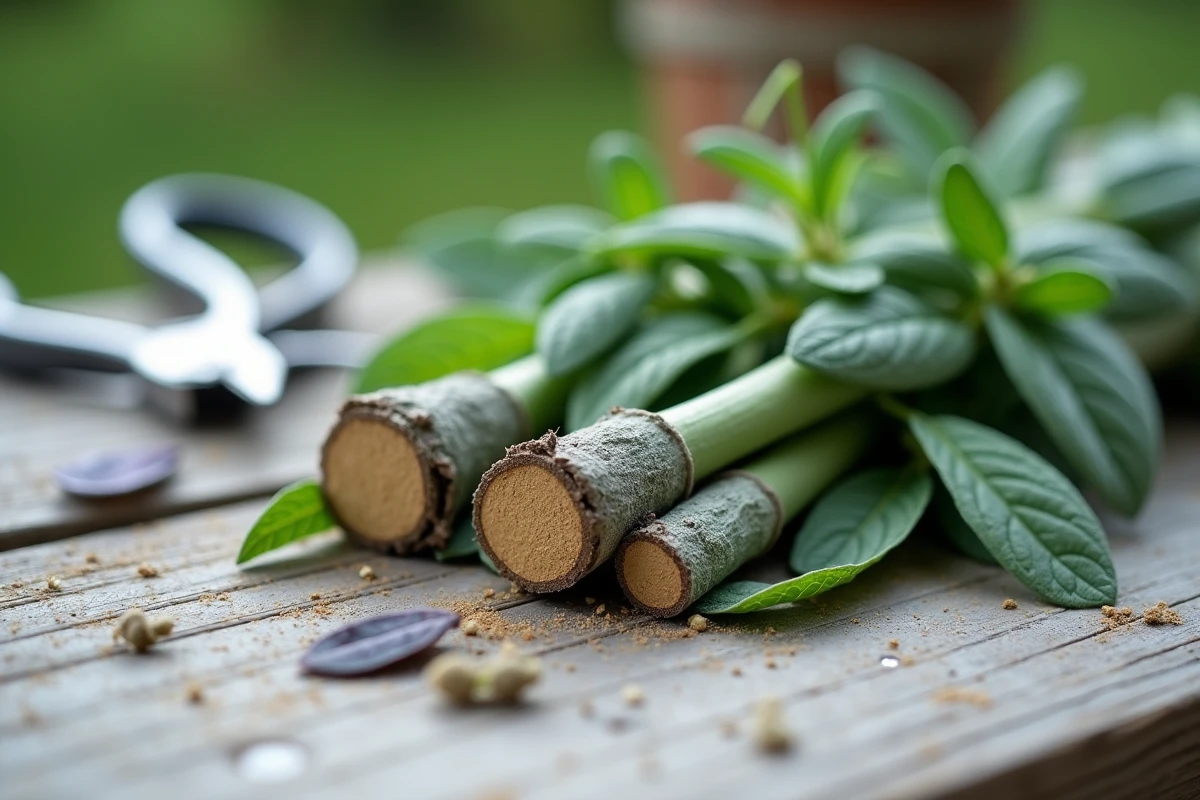 Gros plan sur des tiges de sauge taillées avec sécateur sur un établi de jardinage en bois