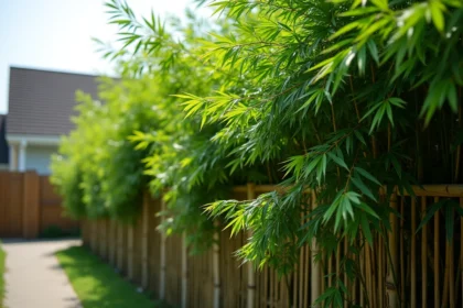 Haie de bambou non traçant bien établie dans un jardin résidentiel avec des chaumes denses formant un écran naturel