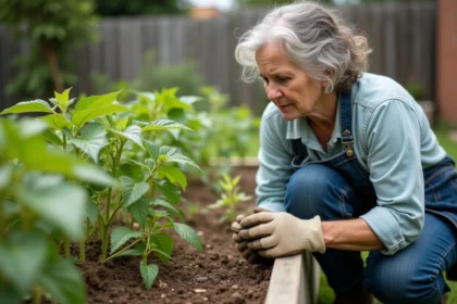 Jardinière examinant des plants de haricots verts chétifs et jaunis dans un potager surélevé en bois