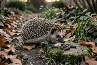 Hérisson dans un jardin s'approchant d'une crotte de hérisson sur une pierre mousseuse entourée de feuilles mortes