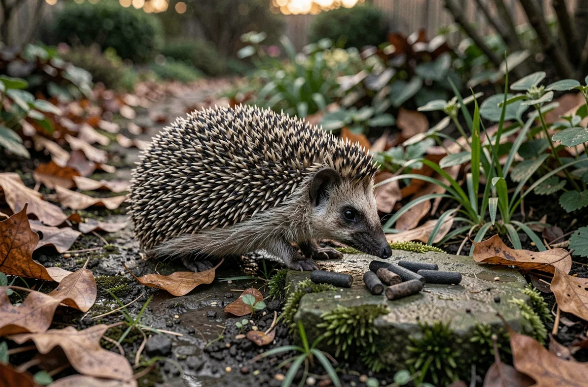 Hérisson dans un jardin s'approchant d'une crotte de hérisson sur une pierre mousseuse entourée de feuilles mortes