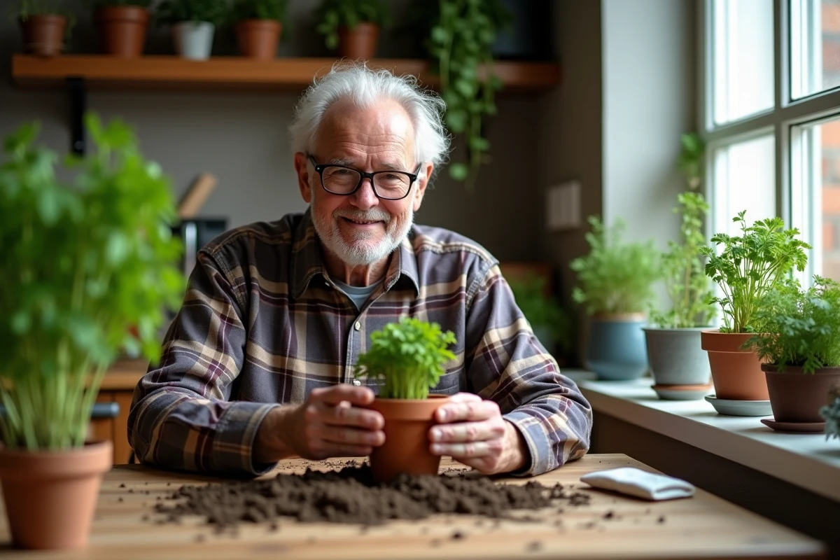 Homme âgé plantant du persil dans un pot en terre cuite à la maison